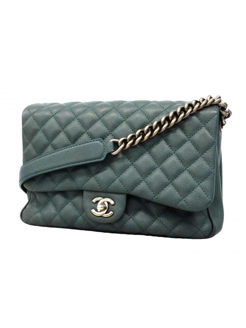Chanel Shoulder Bag Quilted Caviar Leather Blue Silver